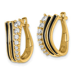 Sterling Silver Gold-tone Black Enamel CZ Hinged Hoop Earrings - Product Photo