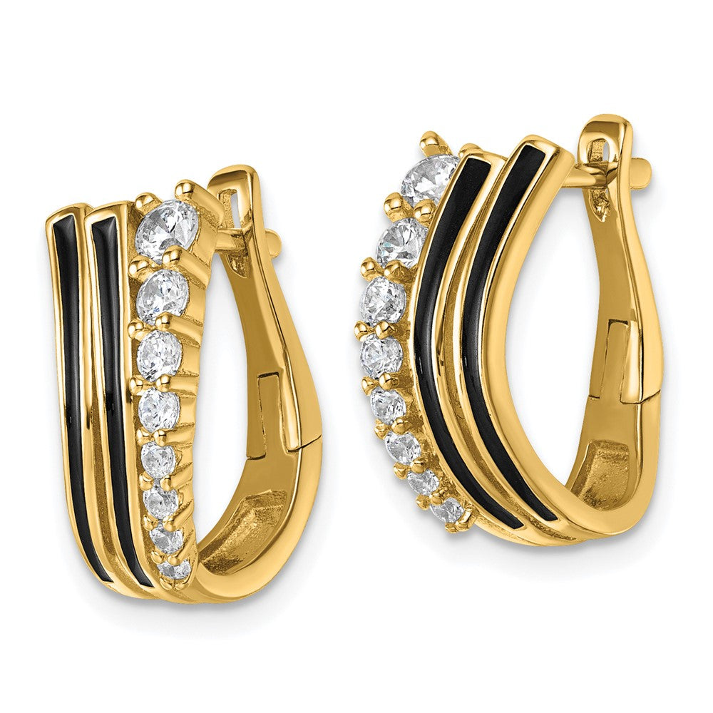 Sterling Silver Gold-tone Black Enamel CZ Hinged Hoop Earrings - Product Photo