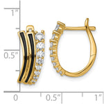 Sterling Silver Gold-tone Black Enamel CZ Hinged Hoop Earrings - Product Photo