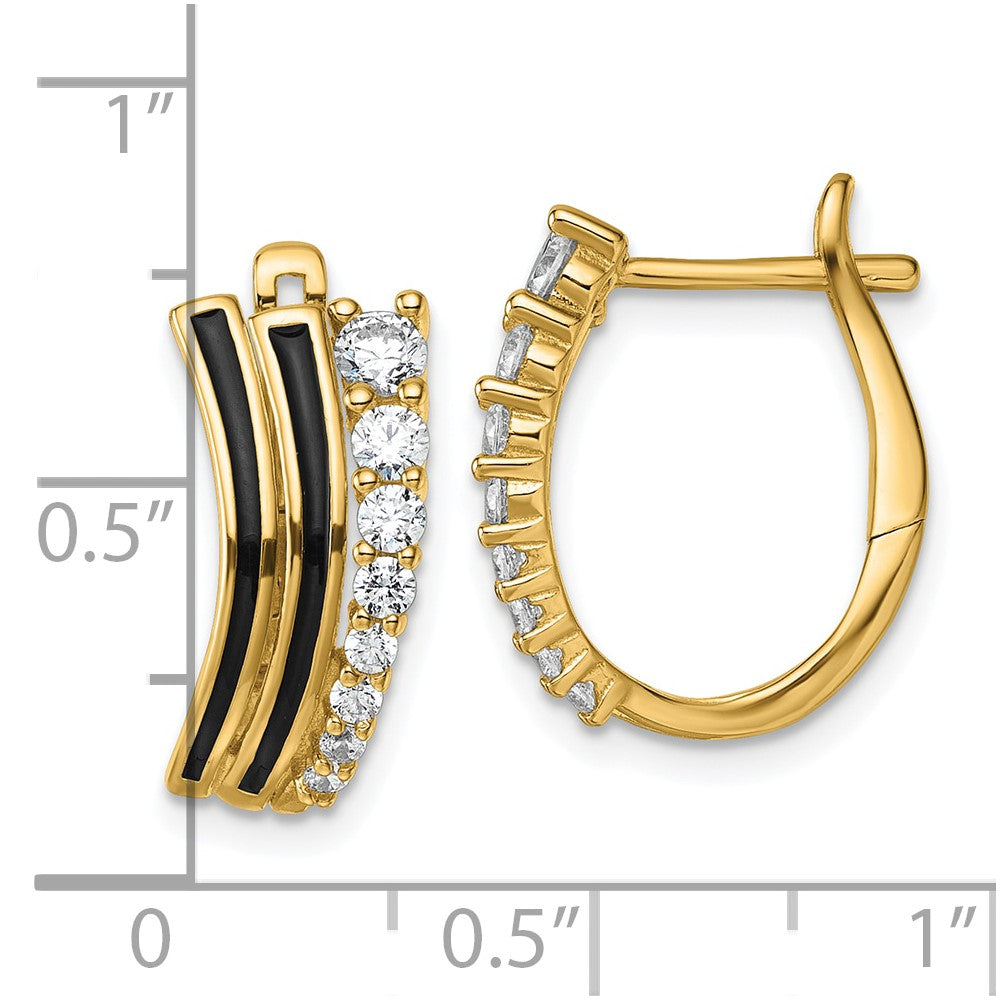 Sterling Silver Gold-tone Black Enamel CZ Hinged Hoop Earrings - Product Photo