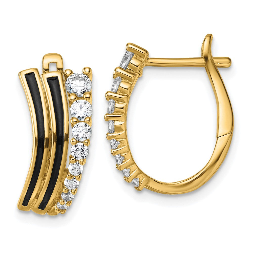 Sterling Silver Gold-tone Black Enamel CZ Hinged Hoop Earrings - Product Photo