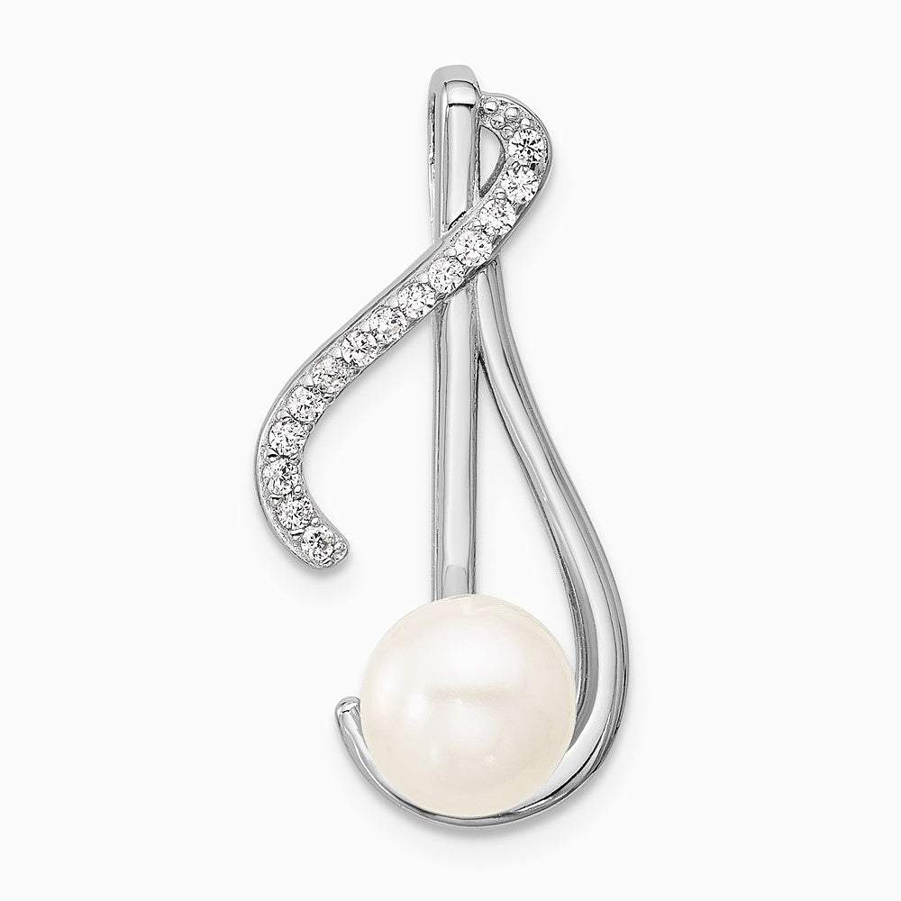 Sterling Silver Rhodium-plated CZ FWC Pearl Swirl Chain Slide Pendant - Product Photo