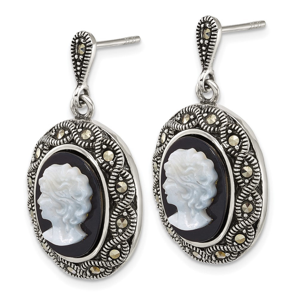 Sterling Silver Antiqued Marcasite Black Agate and MOP Cameo Earrings - Product Photo