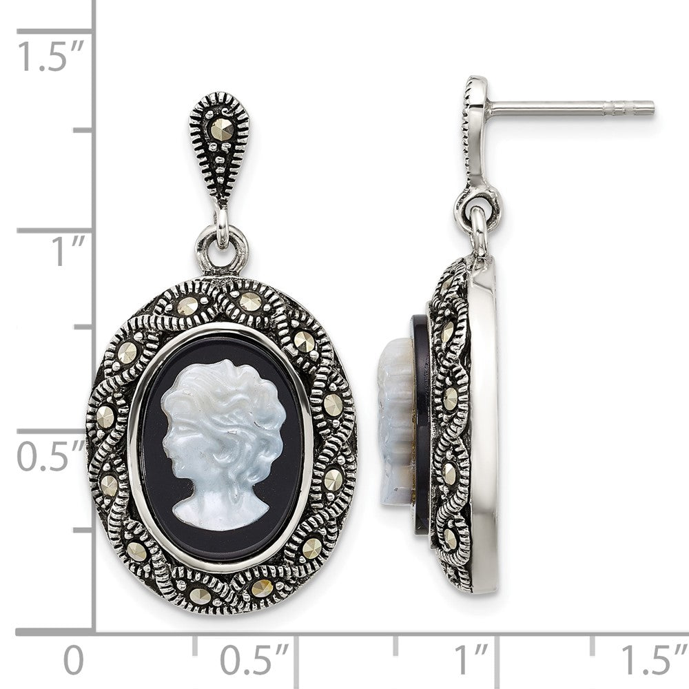 Sterling Silver Antiqued Marcasite Black Agate and MOP Cameo Earrings - Product Photo