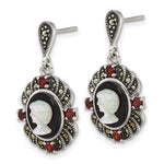 Sterling Silver Antiqued Marcasite Garnet Blk Agate and MOP Cameo Earrings - Product Photo