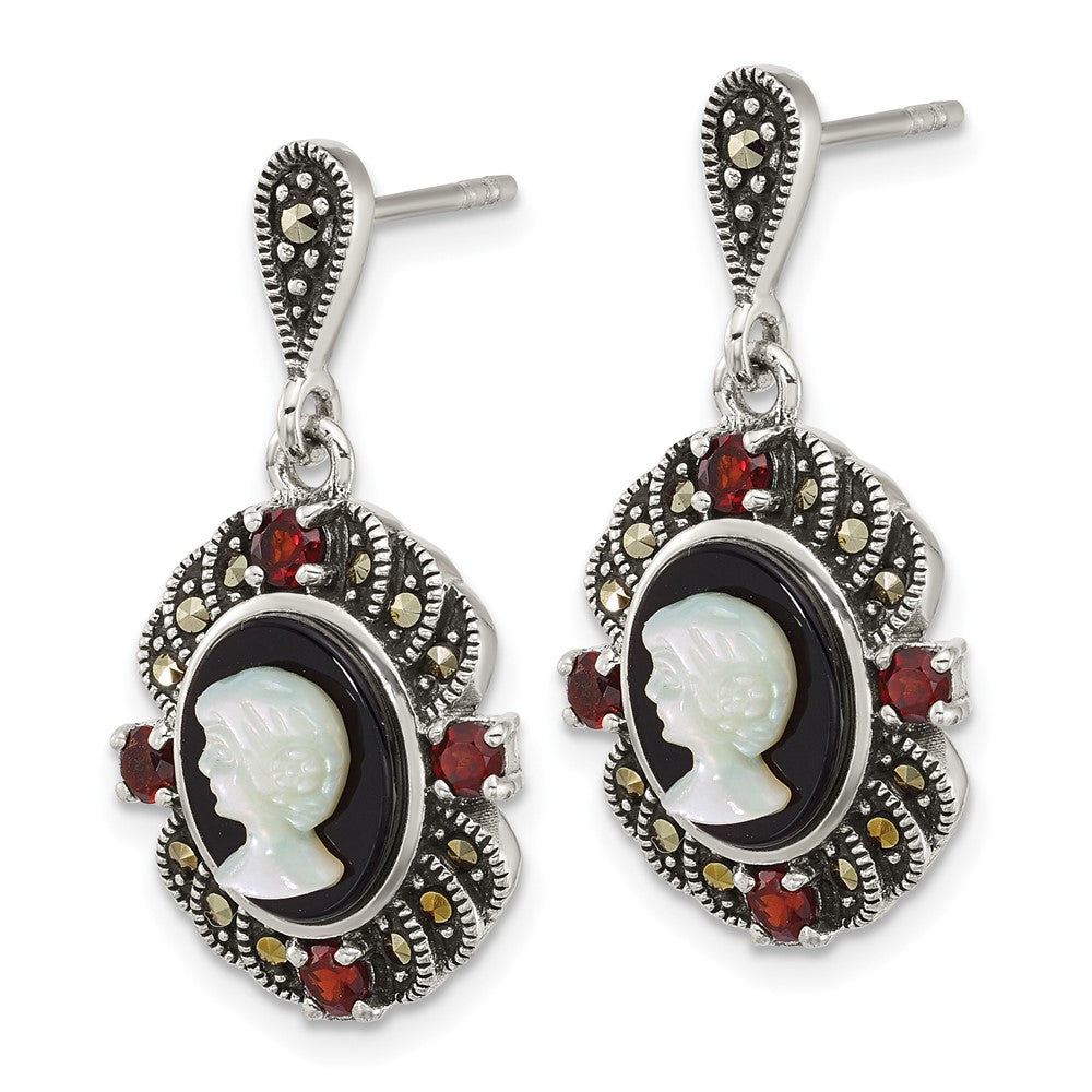 Sterling Silver Antiqued Marcasite Garnet Blk Agate and MOP Cameo Earrings - Product Photo
