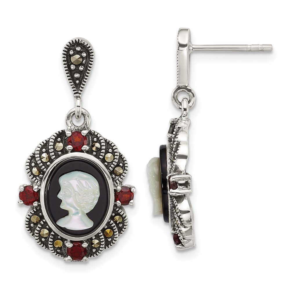 Sterling Silver Antiqued Marcasite Garnet Blk Agate and MOP Cameo Earrings - Product Photo