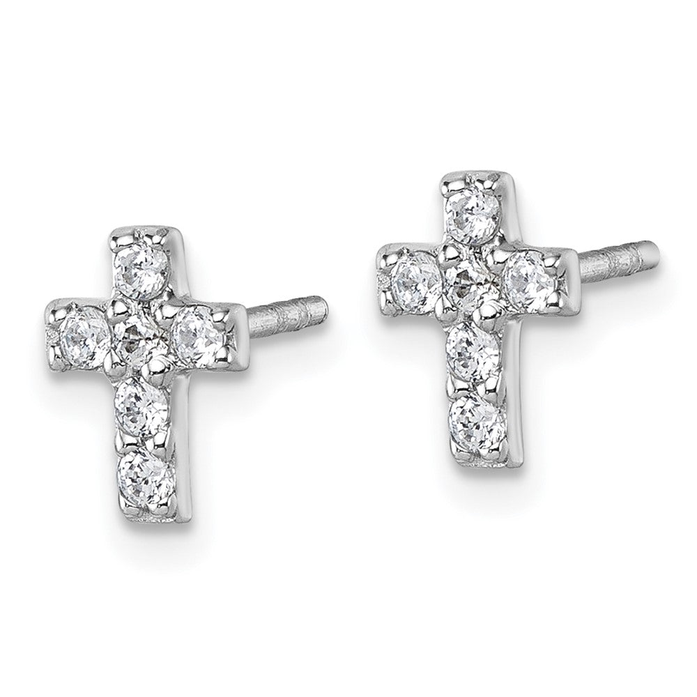 Sterling Silver Rhodium-plated Children's CZ Cross Earrings - Product Photo