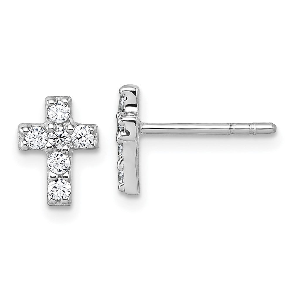 Sterling Silver Rhodium-plated Children's CZ Cross Earrings - Product Photo