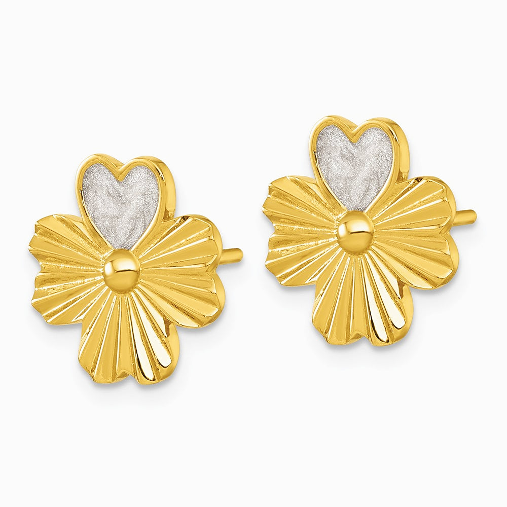Sterling Silver Gold-tone Polished Enamel Lucky Clover Post Earrings - Product Photo