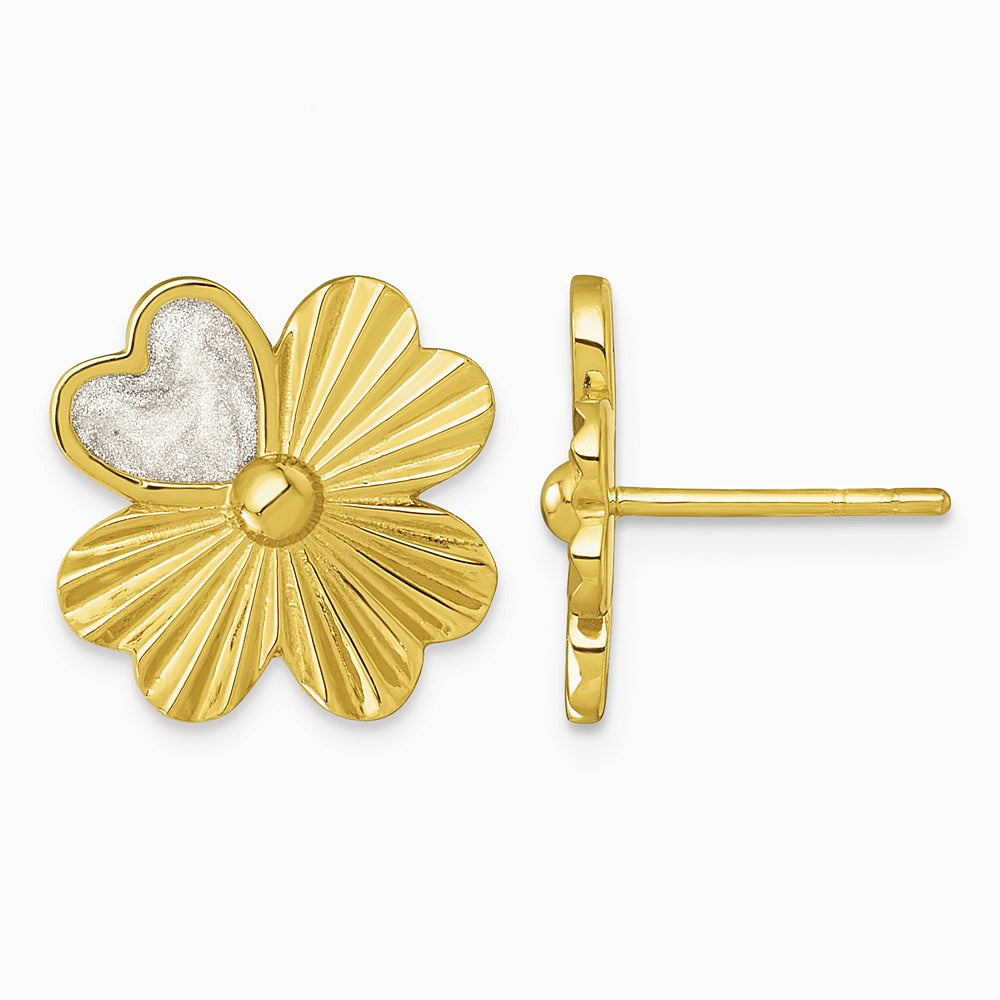 Sterling Silver Gold-tone Polished Enamel Lucky Clover Post Earrings - Product Photo