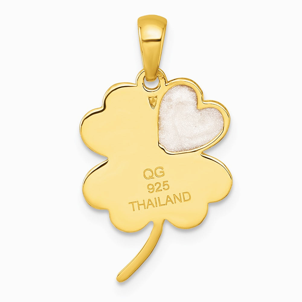 Sterling Silver Gold-tone Polished Enamel Lucky Clover Pendant - Product Photo
