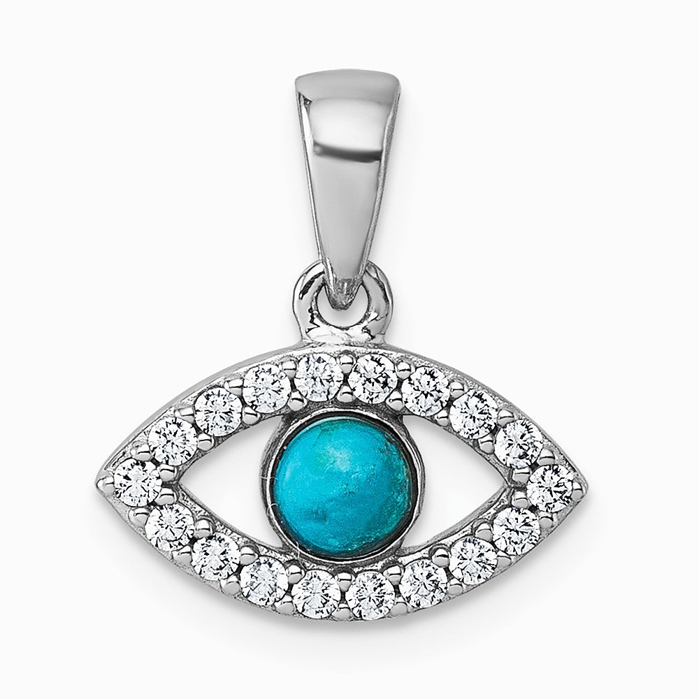 Sterling Silver RH-plated CZ and Compressed Turquoise Evil Eye Pendant