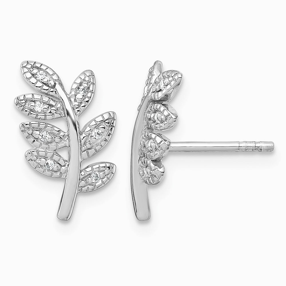 Sterling Silver Rhodium-plated Polished CZ Leaf Post Earrings - Product Photo