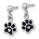 Sterling Silver RH-plt Enamel Black Paw Print w/ Heart Dangle Post Earrings - Product Photo