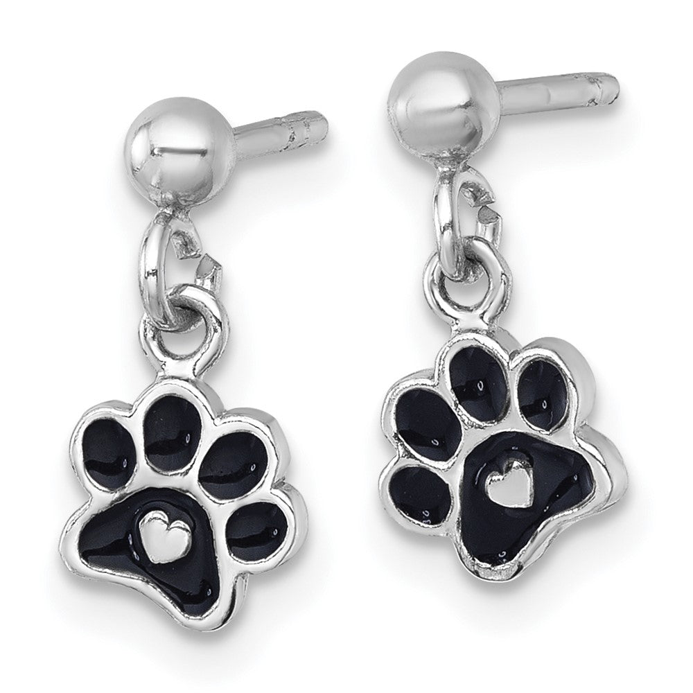 Sterling Silver RH-plt Enamel Black Paw Print w/ Heart Dangle Post Earrings - Product Photo