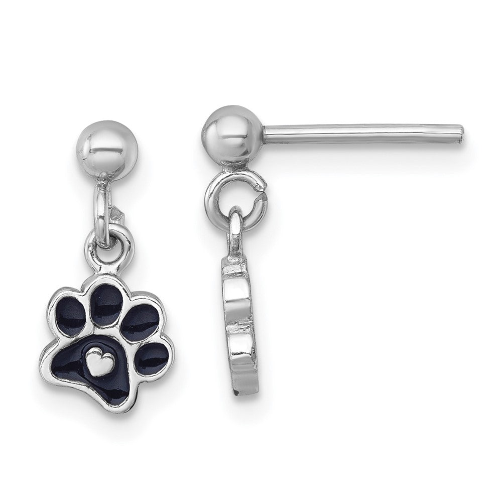 Sterling Silver RH-plt Enamel Black Paw Print w/ Heart Dangle Post Earrings