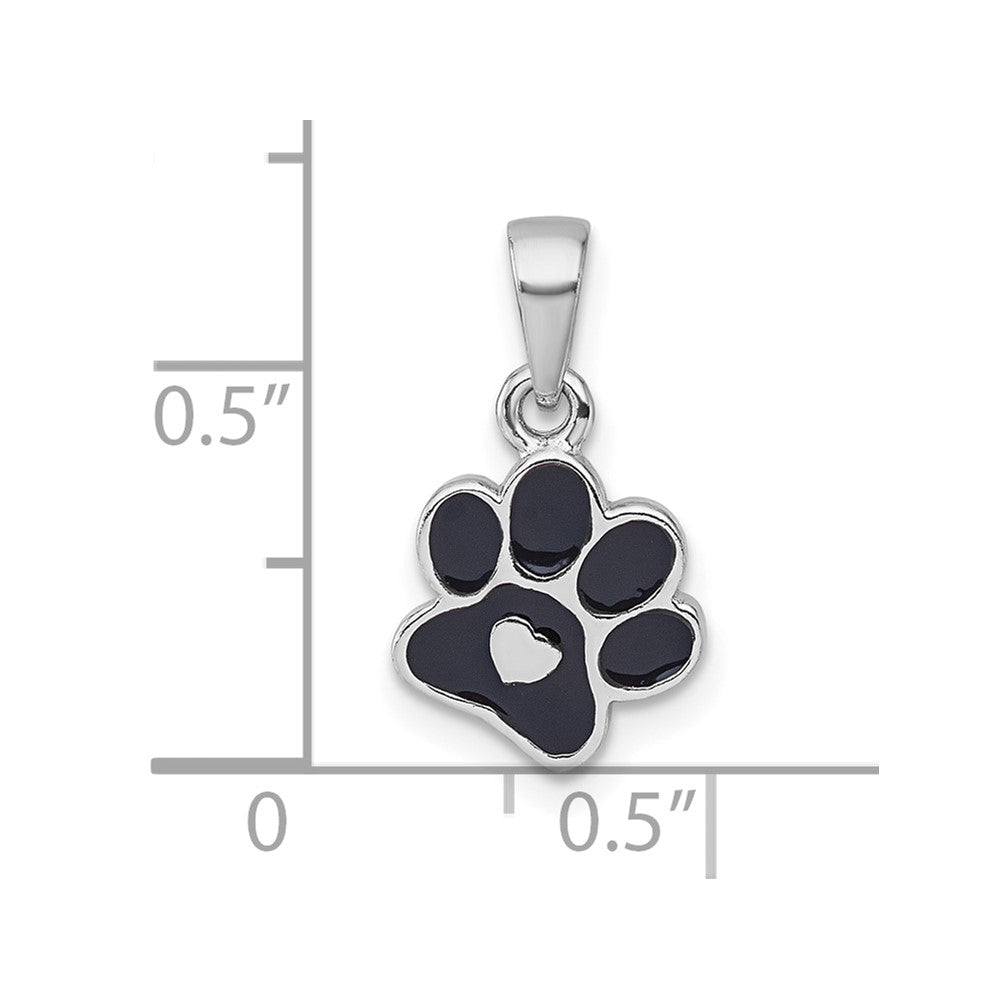 Sterling Silver Rhodium-plated Enamel Black Paw Print With Heart Pendant - Product Photo