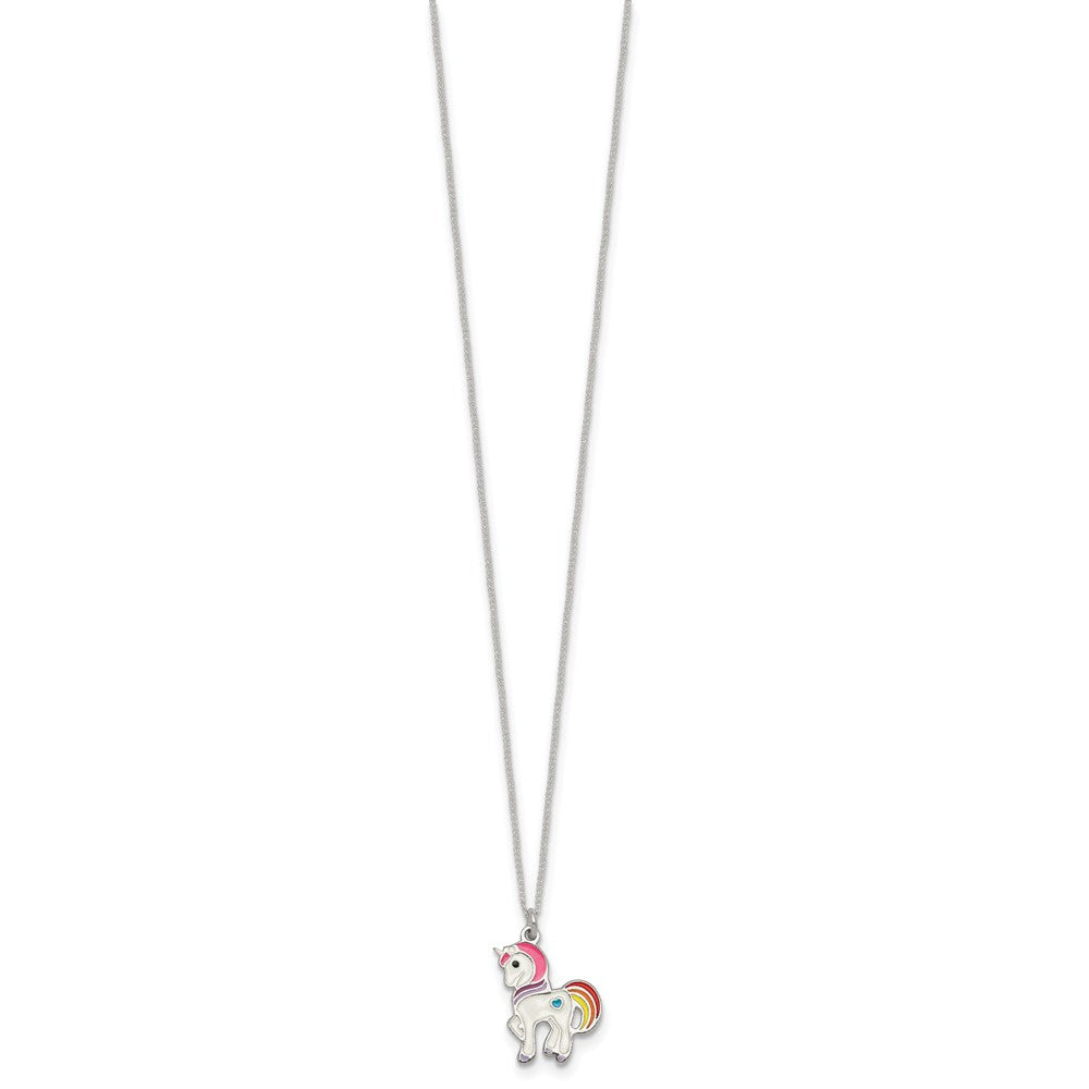 Sterling Silver Polished Enameled Unicorn Children's Necklace - Product Photo