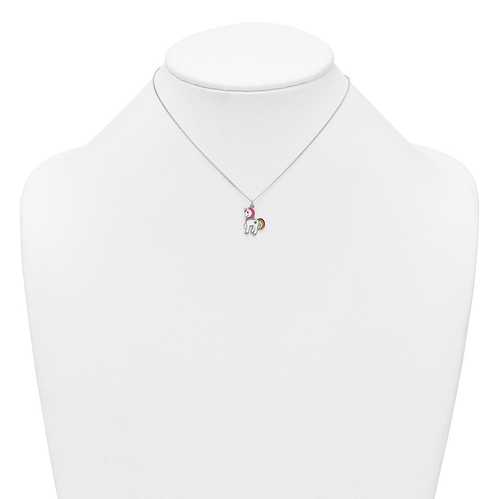 Sterling Silver Polished Enameled Unicorn Children's Necklace - Product Photo