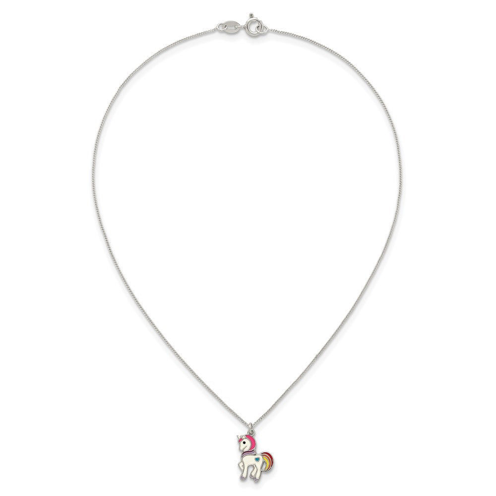 Sterling Silver Polished Enameled Unicorn Children's Necklace - Product Photo