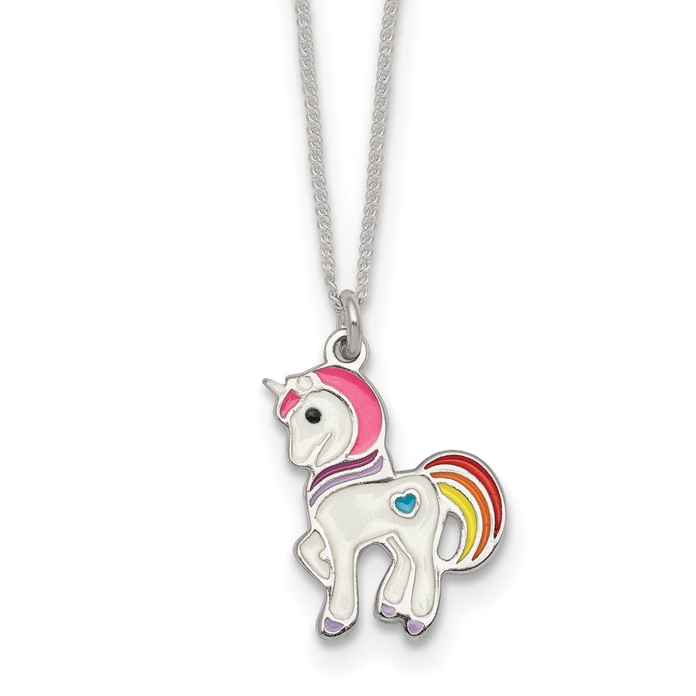 Sterling Silver Polished Enameled Unicorn Children's Necklace