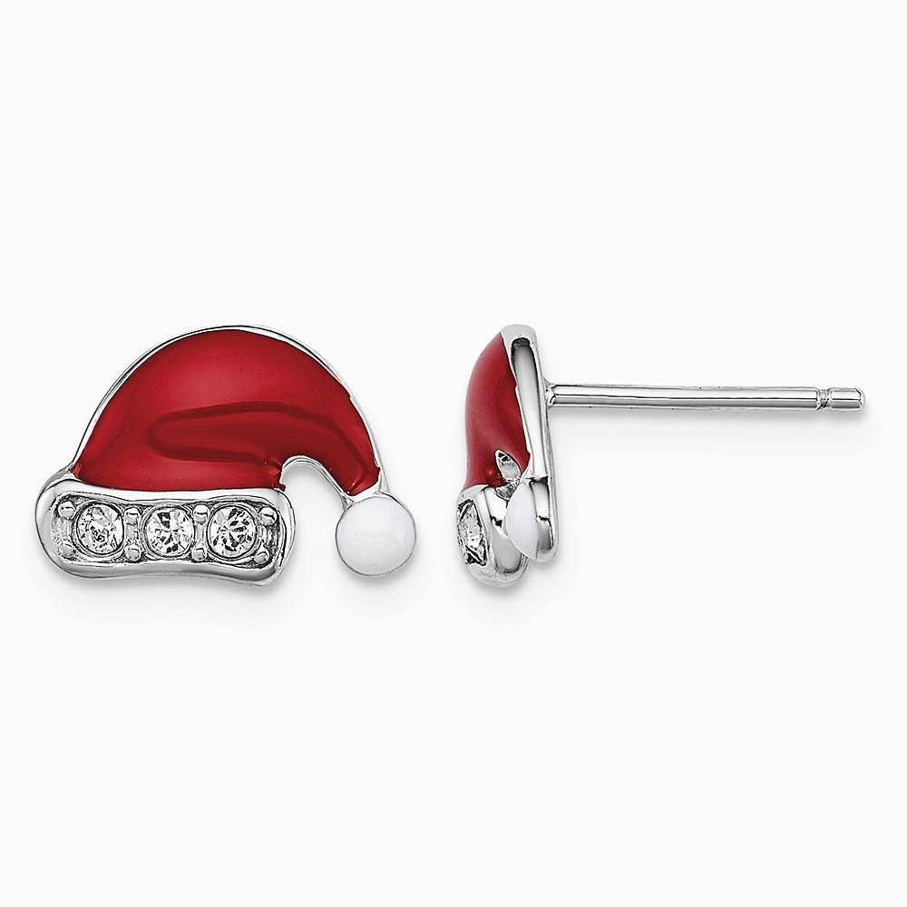 Sterling Silver RH-pltd Enamel/Crystal Santa Hat Post Earrings