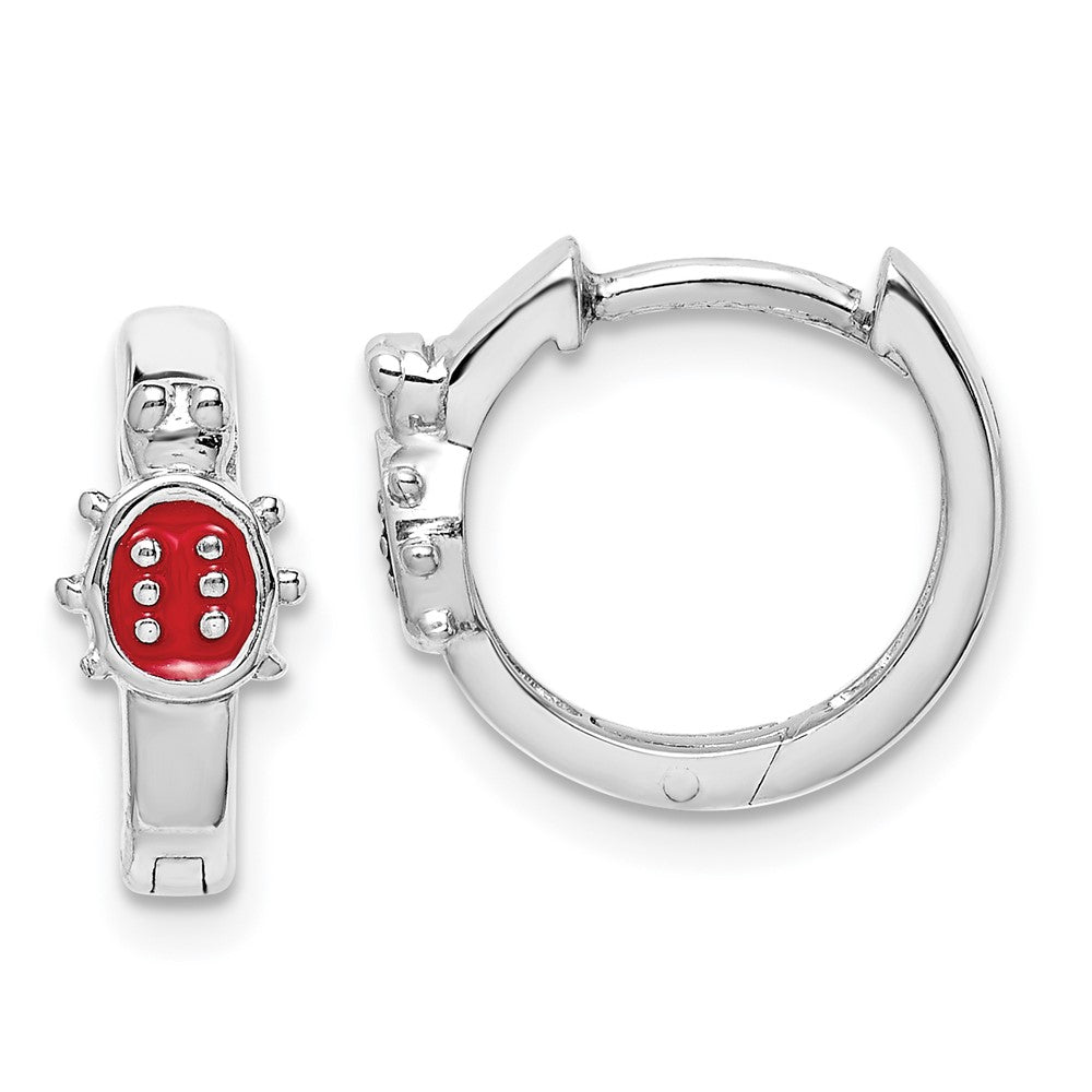 Sterling Silver RH-plated Enamel Ladybug Kids Round Hoops