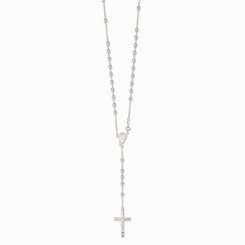 Sterling Silver Polished Beaded Rosary 30 inch Necklace - Product Photo