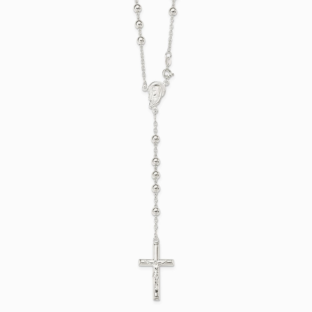 Sterling Silver Polished Beaded Rosary 30 inch Necklace