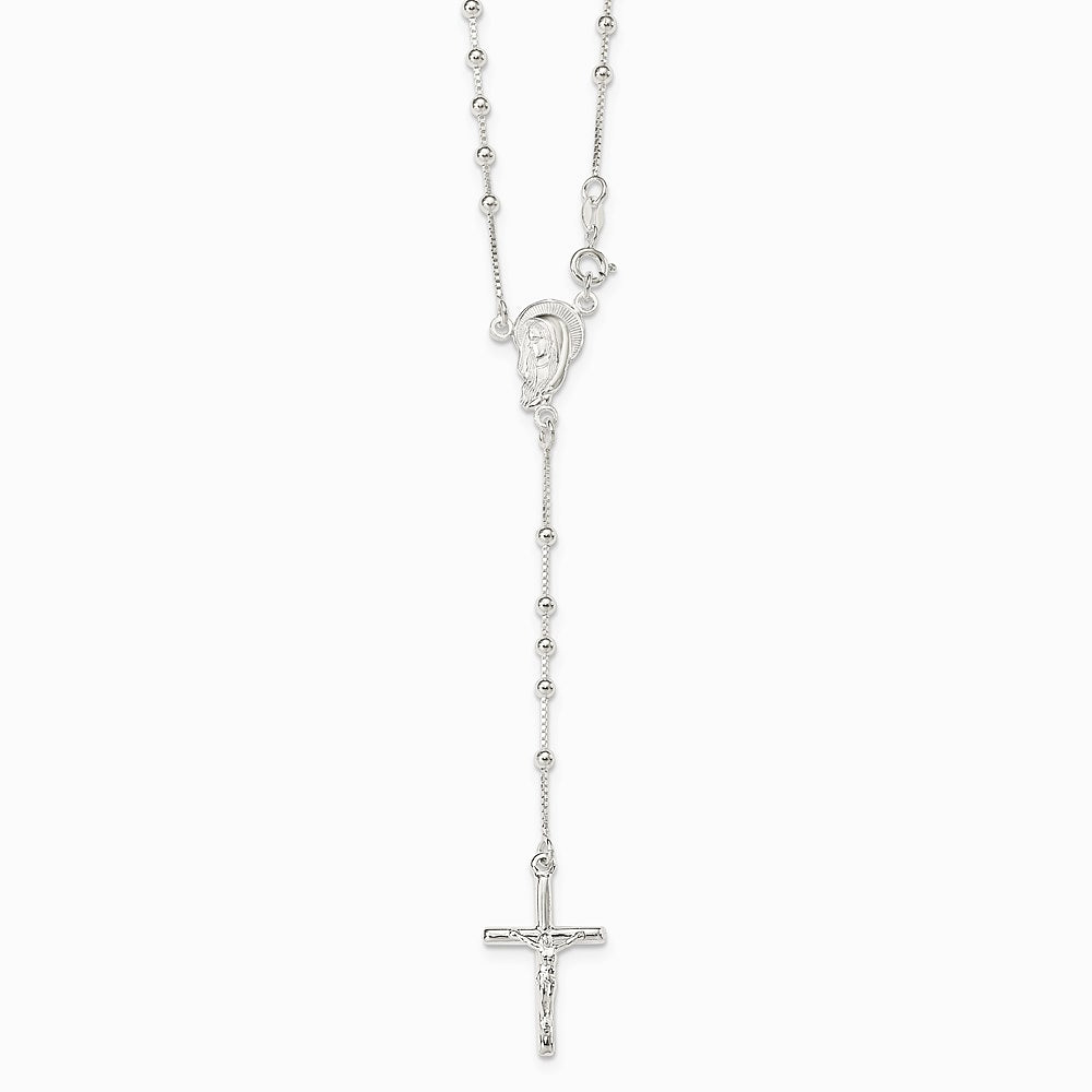 Sterling Silver Polished Bead Rosary 18 inch Necklace - Product Photo