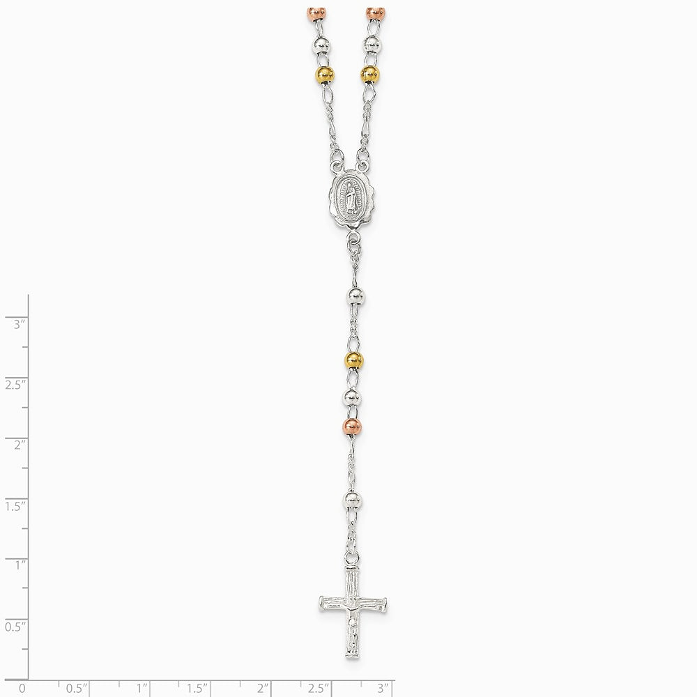 Sterling Silver Yellow & Rose Flash Gold-plated Rosary Necklace - Product Photo