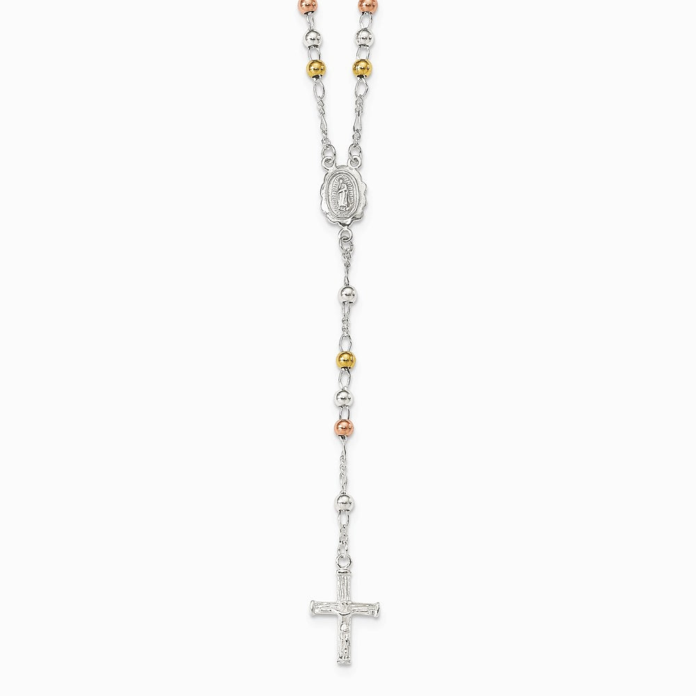 Sterling Silver Yellow & Rose Flash Gold-plated Rosary Necklace - Product Photo