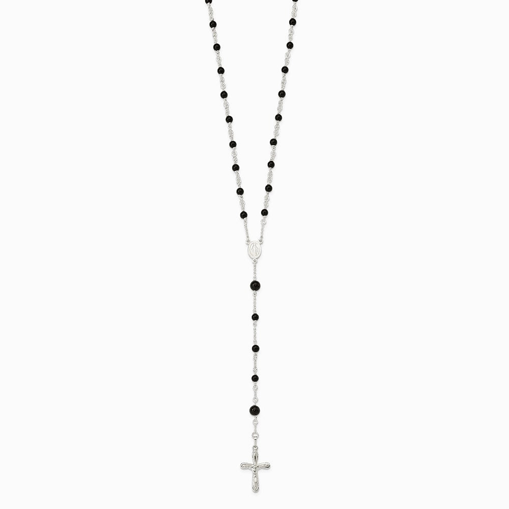 Sterling Silver Polished Black Onyx Rosary Necklace - Product Photo