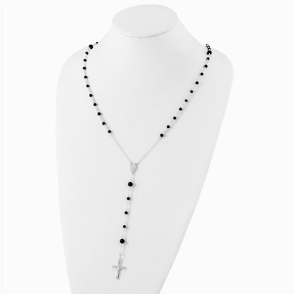 Sterling Silver Polished Black Onyx Rosary Necklace - Product Photo