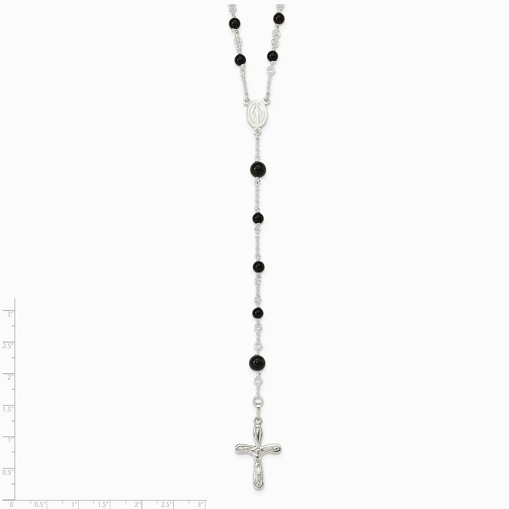 Sterling Silver Polished Black Onyx Rosary Necklace - Product Photo