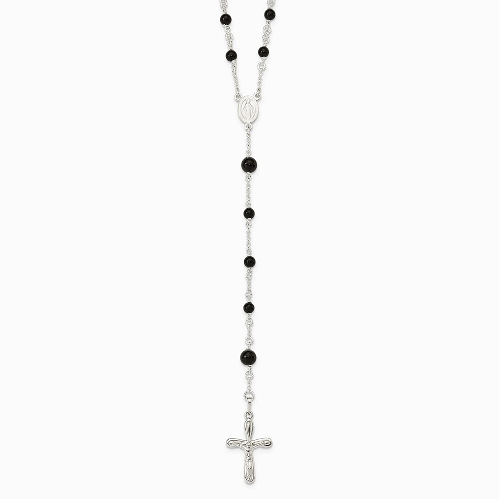 Sterling Silver Polished Black Onyx Rosary Necklace - Product Photo