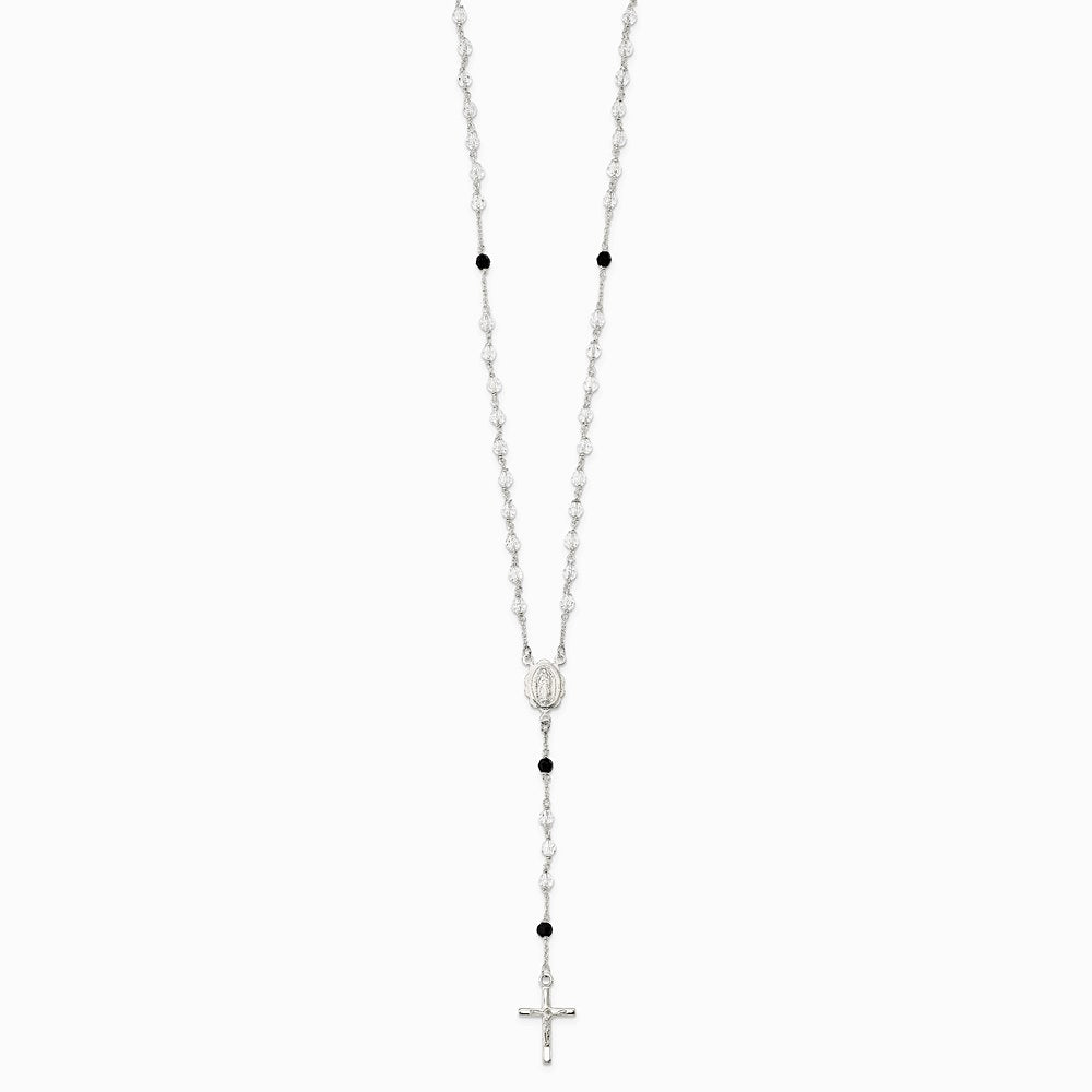 Sterling Silver Polished and Black Crystal Bead Rosary 23.5 inch Necklace - Product Photo