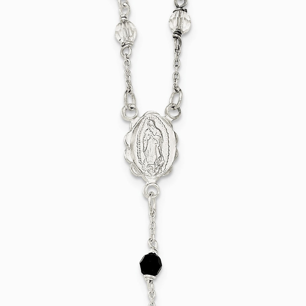 Sterling Silver Polished and Black Crystal Bead Rosary 23.5 inch Necklace - Product Photo