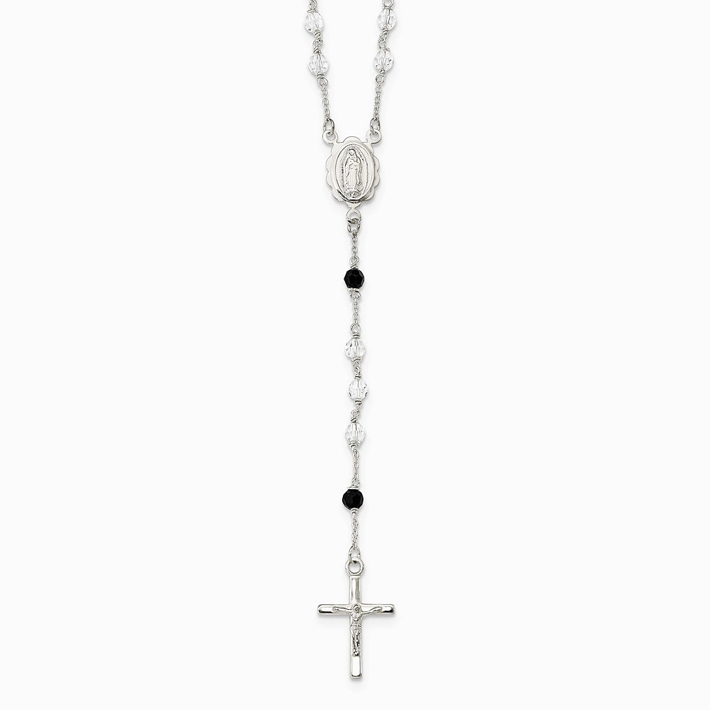 Sterling Silver Polished and Black Crystal Bead Rosary 23.5 inch Necklace