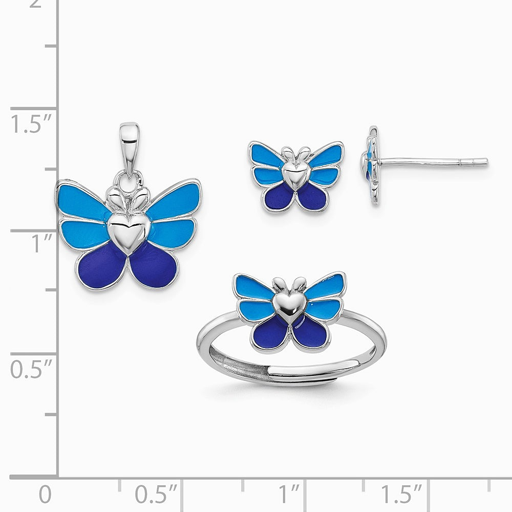 Sterling Silver RH-plated Butterfly Children's Earring, Ring & Pendant Set - Product Photo