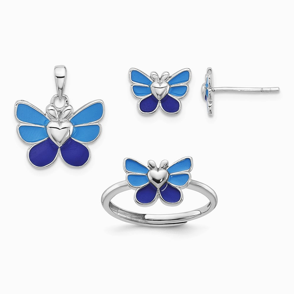 Sterling Silver RH-plated Butterfly Children's Earring, Ring & Pendant Set - Product Photo