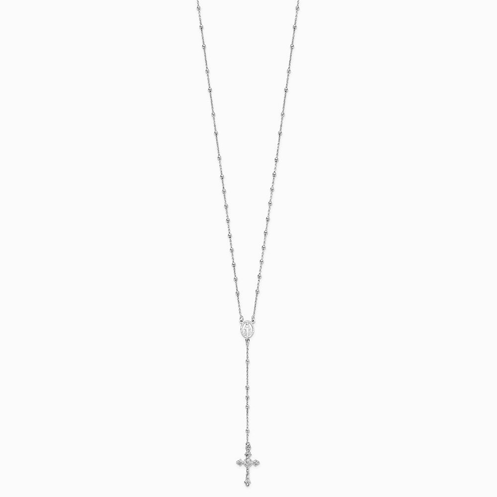 Sterling Silver Rhodium-plated Polished Beaded Rosary 24 inch Necklace - Product Photo