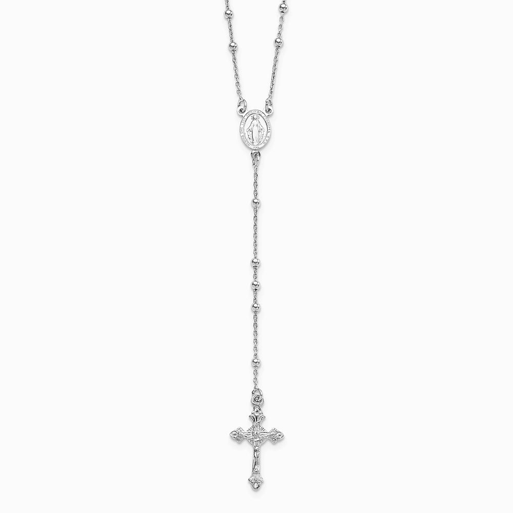 Sterling Silver Rhodium-plated Polished Beaded Rosary 24 inch Necklace