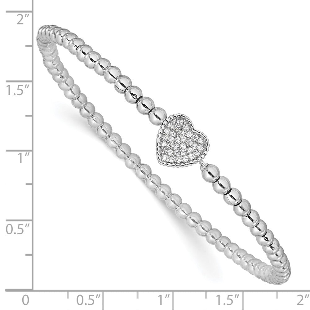 Sterling Silver Rhodium-plated Polished Beaded CZ Heart Stretch Bracelet - Product Photo