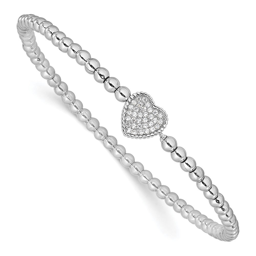 Sterling Silver Rhodium-plated Polished Beaded CZ Heart Stretch Bracelet - Product Photo
