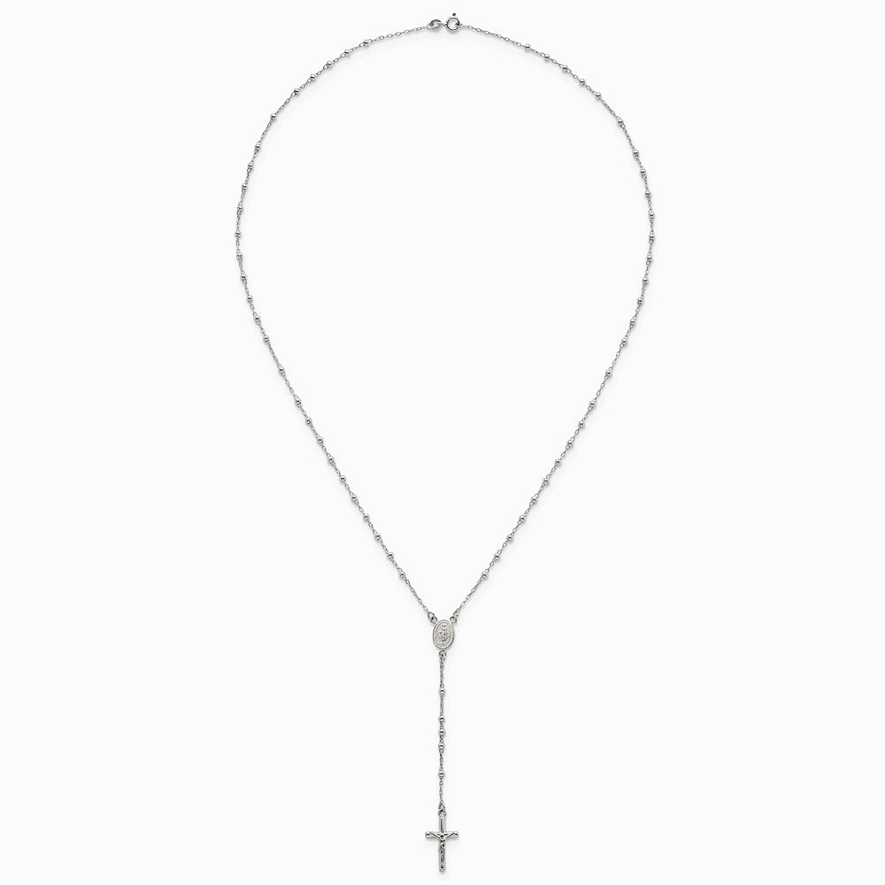 Sterling Silver Polished and Beaded Rosary Necklace - Product Photo