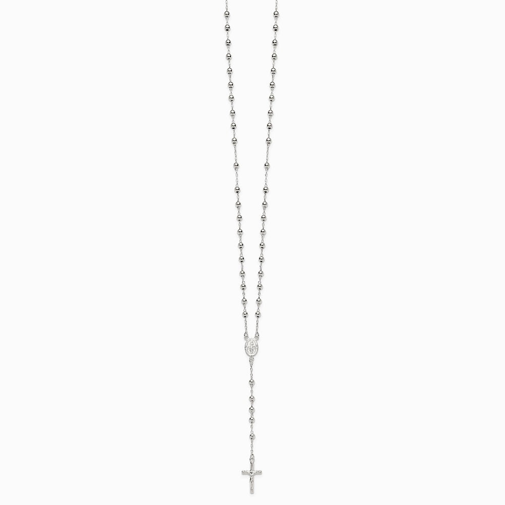 Sterling Silver Polished and Beaded Rosary Necklace - Product Photo
