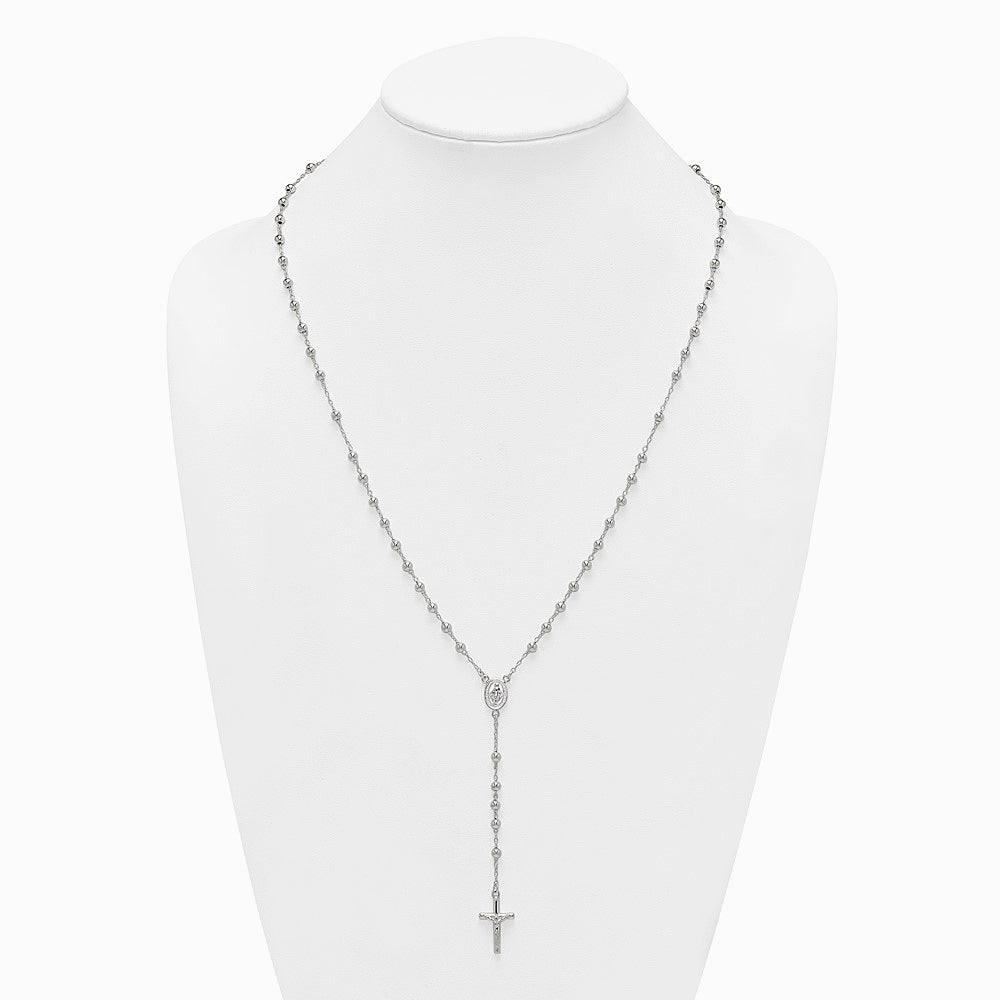 Sterling Silver Polished and Beaded Rosary Necklace - Product Photo