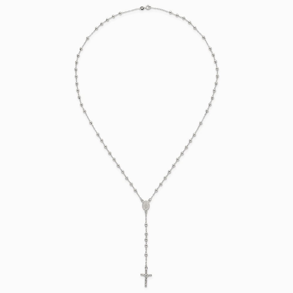 Sterling Silver Polished and Beaded Rosary Necklace - Product Photo